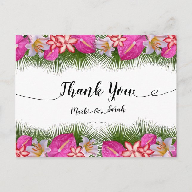 Tropical Flowers and Leaves Calligraphy Thank You Postcard (Front)