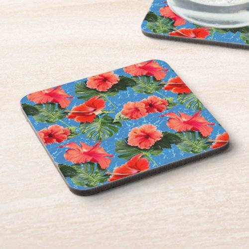 Tropical flowers and leaves design beverage coaster