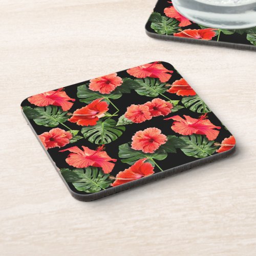 Tropical flowers and leaves design beverage coaster