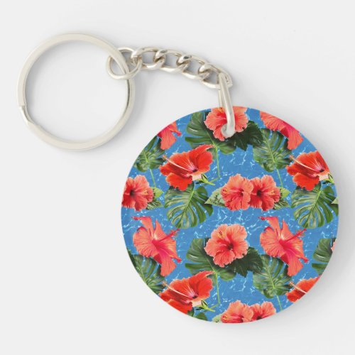 Tropical flowers and leaves design keychain