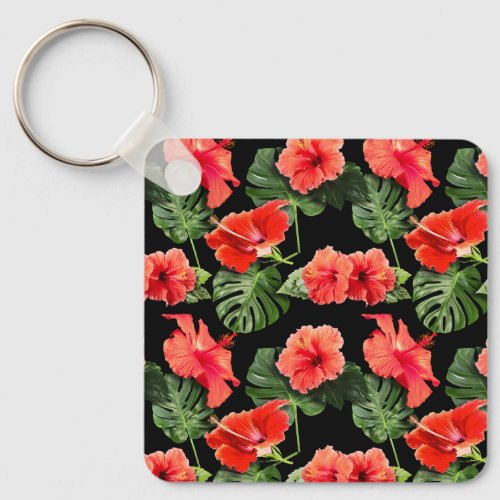 Tropical flowers and leaves design keychain