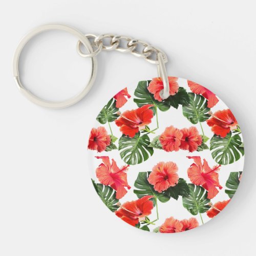 Tropical flowers and leaves design keychain