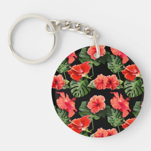 Tropical flowers and leaves design keychain