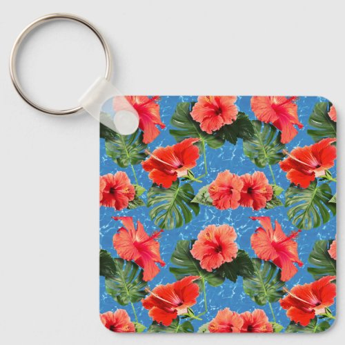 Tropical flowers and leaves design keychain