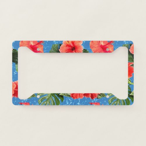 Tropical flowers and leaves design license plate frame