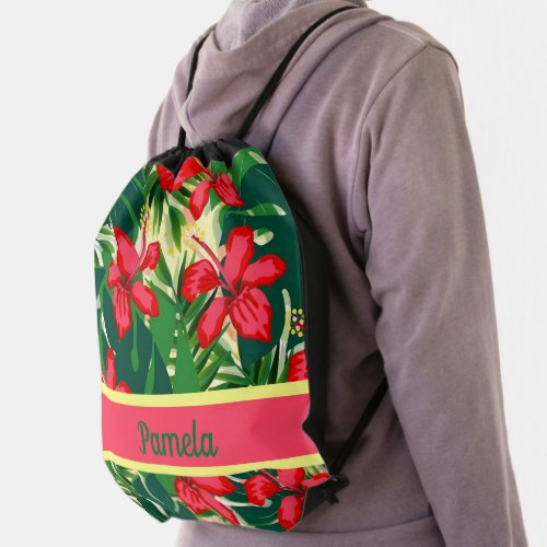 Tropical flowers and leaves drawstring bag