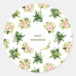 Tropical Flowers and Leaves Jungle Baby Shower Classic Round Sticker