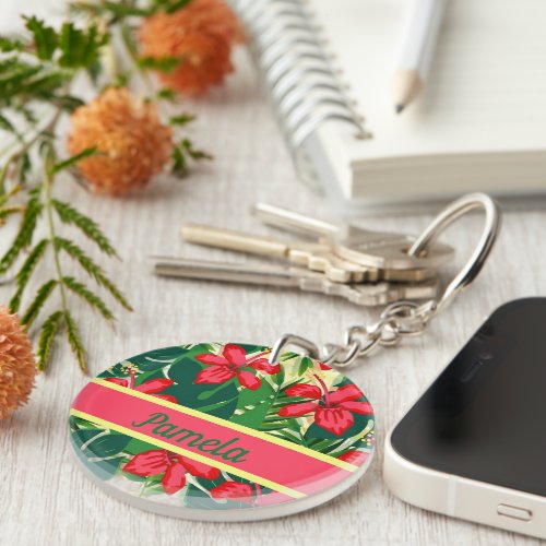 Tropical flowers and leaves keychain