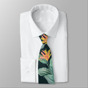 Tropical Flowers and Leaves on Dark Teal Green Neck Tie