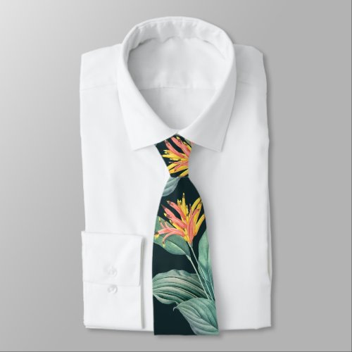 Tropical Flowers and Leaves on Dark Teal Green Neck Tie