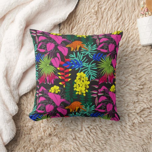 Tropical Flowers and Leaves Pangolin Pattern Throw Pillow
