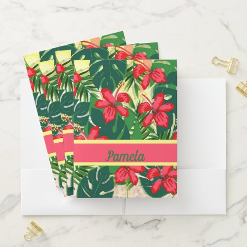 Tropical flowers and leaves pocket folder