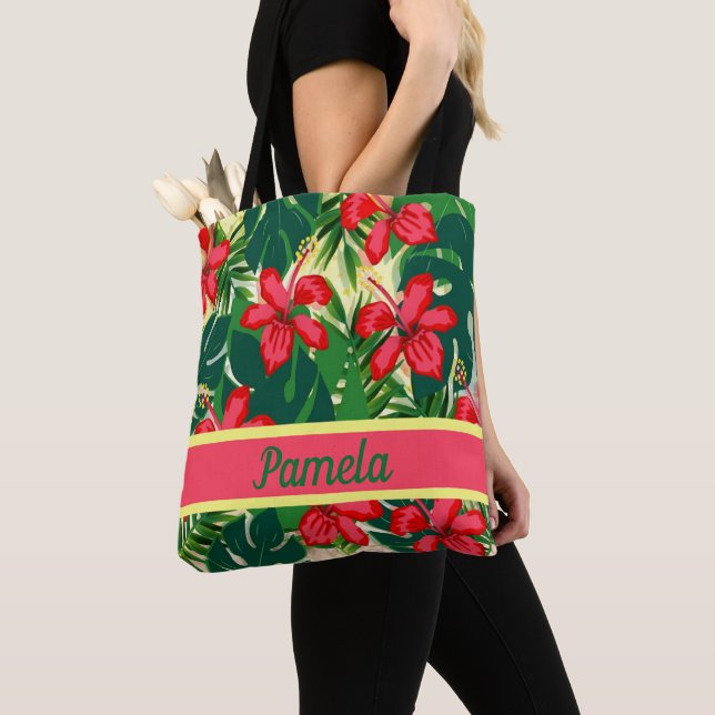 Tropical flowers and leaves tote bag (Close Up)