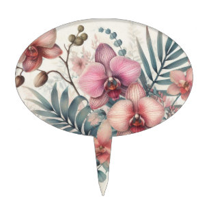 Tropical flowers and leaves watercolor cake topper