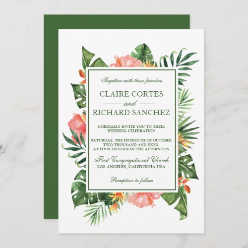 Tropical Flowers and Leaves Wedding Invitation