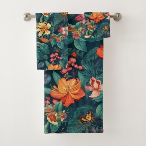 Tropical Flowers and Leaves with Butterflies Bath Towel Set