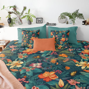 Tropical Flowers and Leaves with Butterflies Duvet Cover