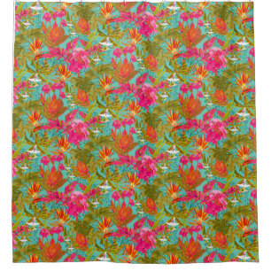 Tropical flowers and leopard print shower curtain