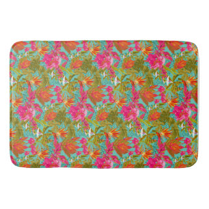 Tropical flowers and leopard print shower curtain bath mat