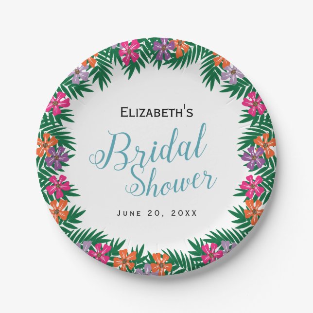 Tropical Flowers and Palm Branches Bridal Shower Paper Plates (Front)