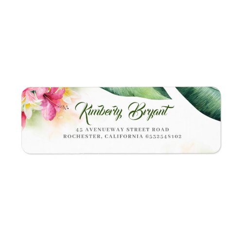 Tropical Flowers and Palm Leaves Beach Seaside Label