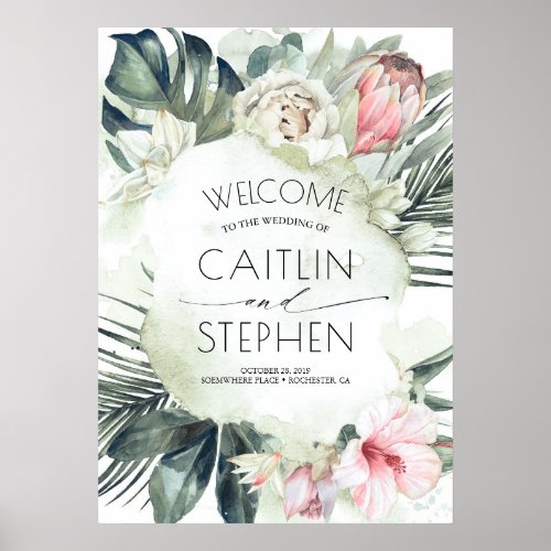 Tropical Flowers and Palm Leaves Beach Wedding Poster