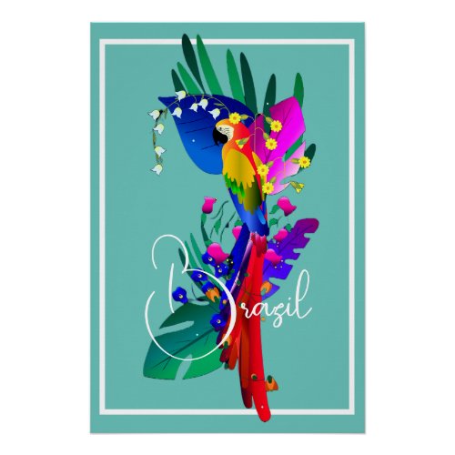 Tropical Flowers and Parrot Poster