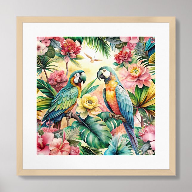 Tropical Flowers and Parrots Framed Art (Framed Front)