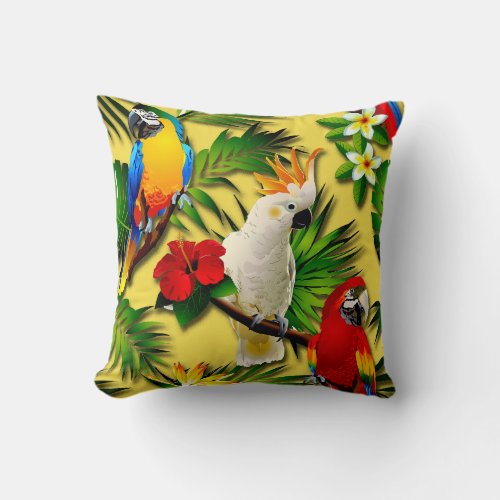 Tropical Flowers and Parrots Throw Pillow