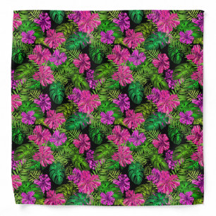 Tropical flowers and plants on black bandana