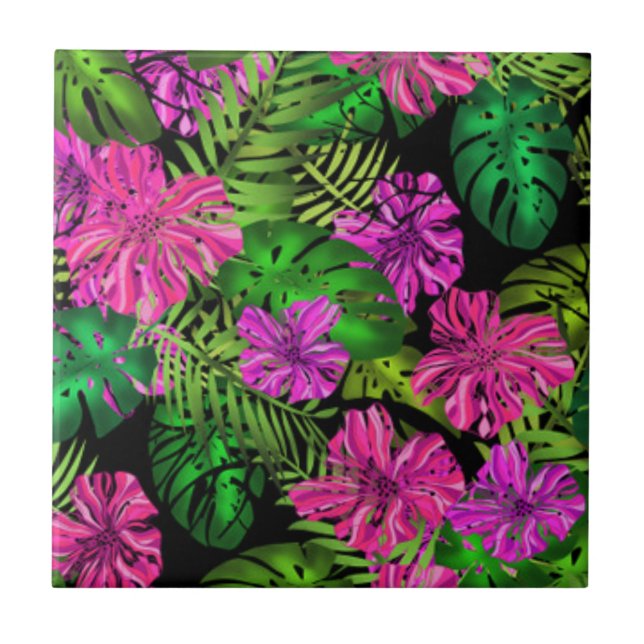 Tropical flowers and plants on black  ceramic tile (Front)