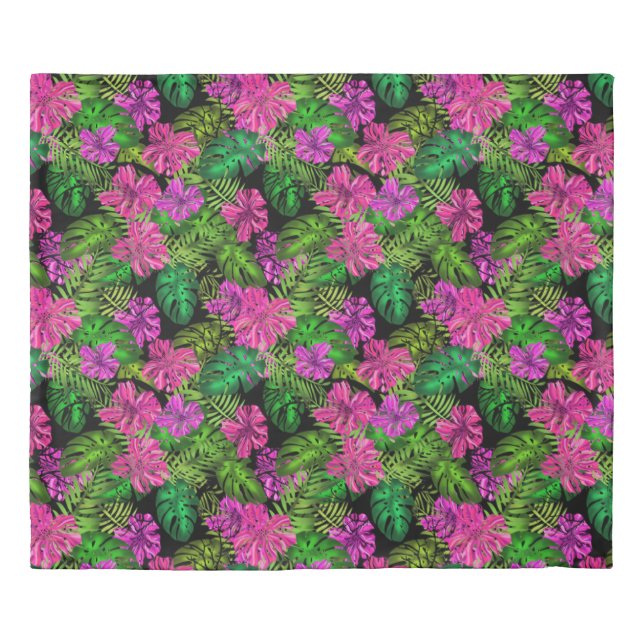 Tropical flowers and plants on black  duvet cover (Front)