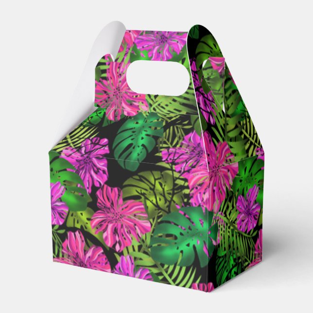 Tropical flowers and plants on black  favor boxes (Front Side)