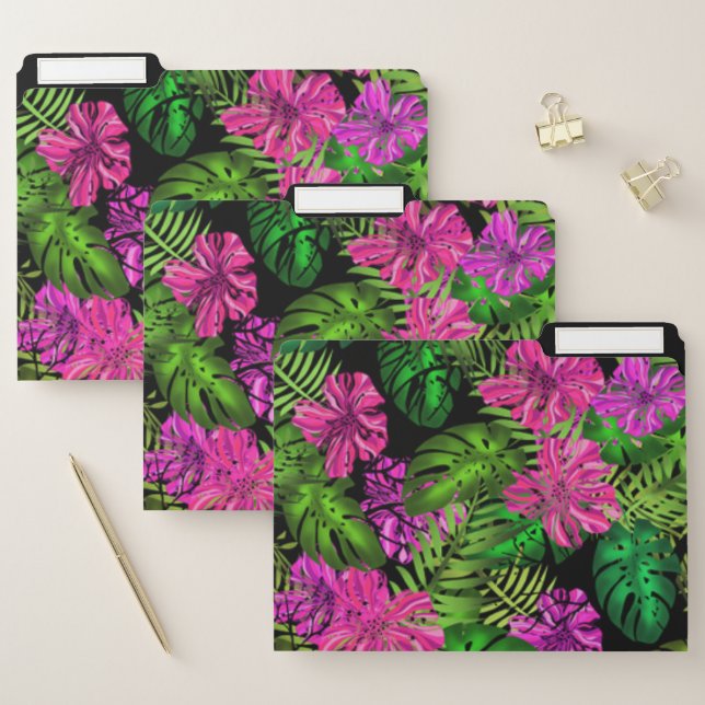 Tropical flowers and plants on black  file folder (Set)