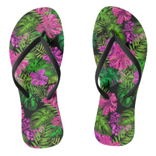 Tropical flowers and plants on black  flip flops