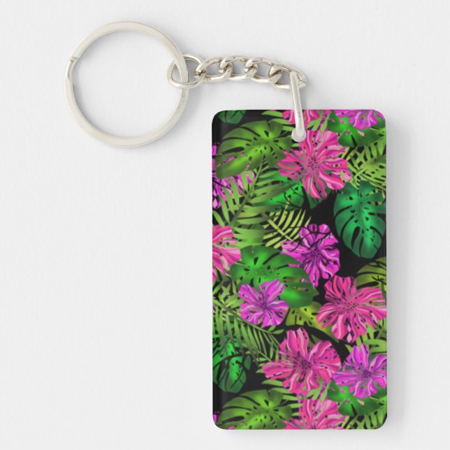 Tropical flowers and plants on black  keychain (Front)