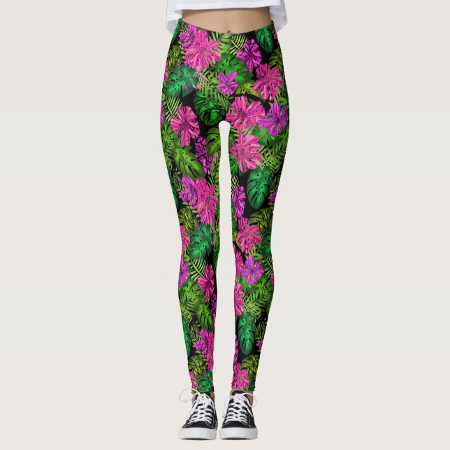 Tropical flowers and plants on black  leggings (Front)