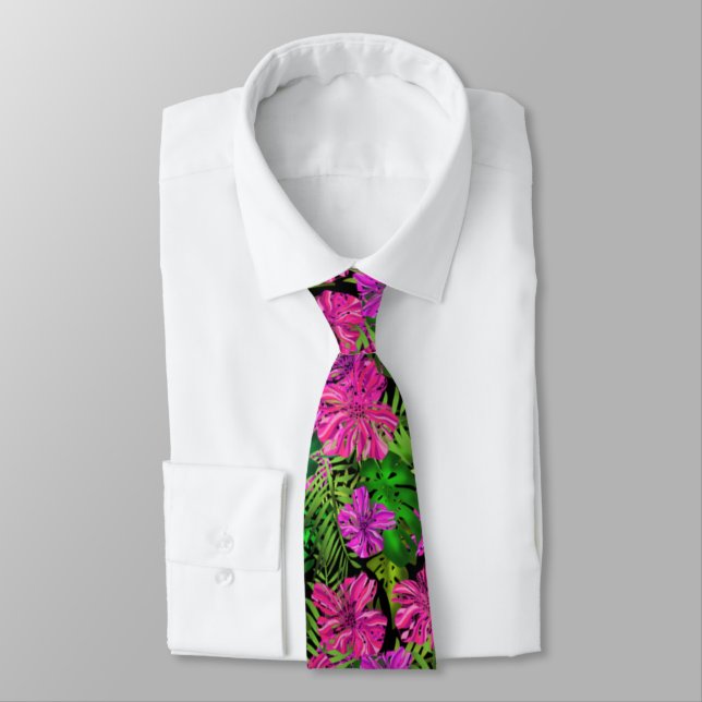 Tropical flowers and plants on black neck tie (Tied)