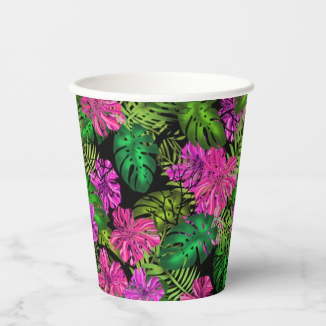 Tropical flowers and plants on black  paper cups (Front)