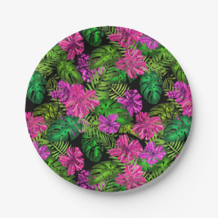 Tropical flowers and plants on black  paper plates