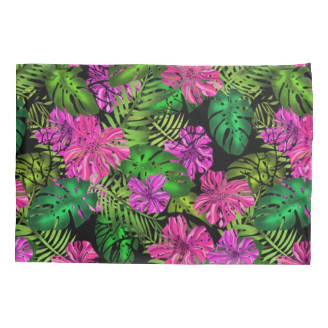 Tropical flowers and plants on black pillow case (Back)