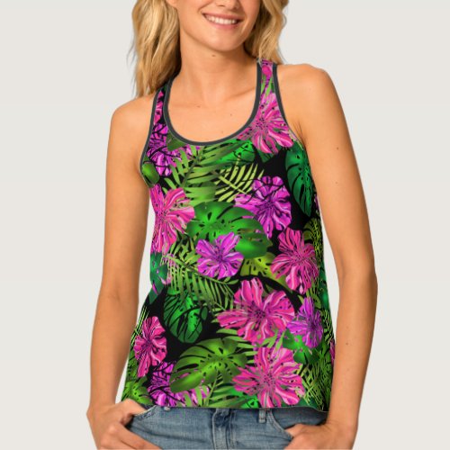 Tropical flowers and plants on black  tank top