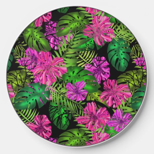 Tropical flowers and plants on black  wireless charger 