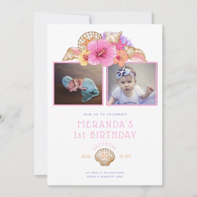 Tropical Flowers and Shells First Birthday Invitation (Front)