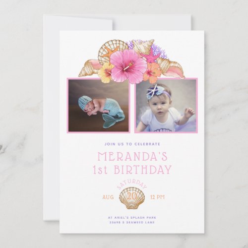 Tropical Flowers and Shells First Birthday Invitation