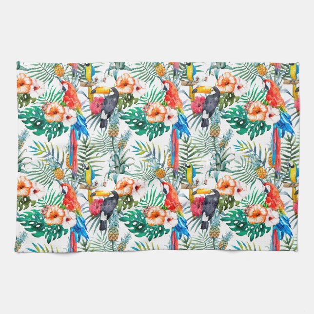 Tropical Flowers and Toucan  Kitchen Towel (Horizontal)