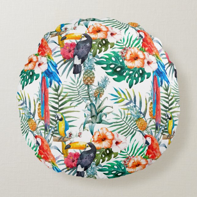 Tropical Flowers and Toucan  Round Pillow (Front)