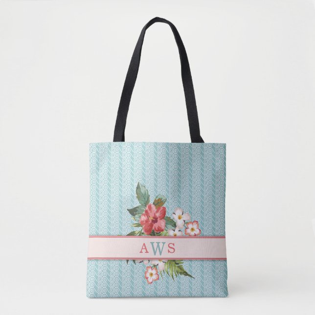 Tropical Flowers Aqua/Coral Personalized Tote Bag (Front)