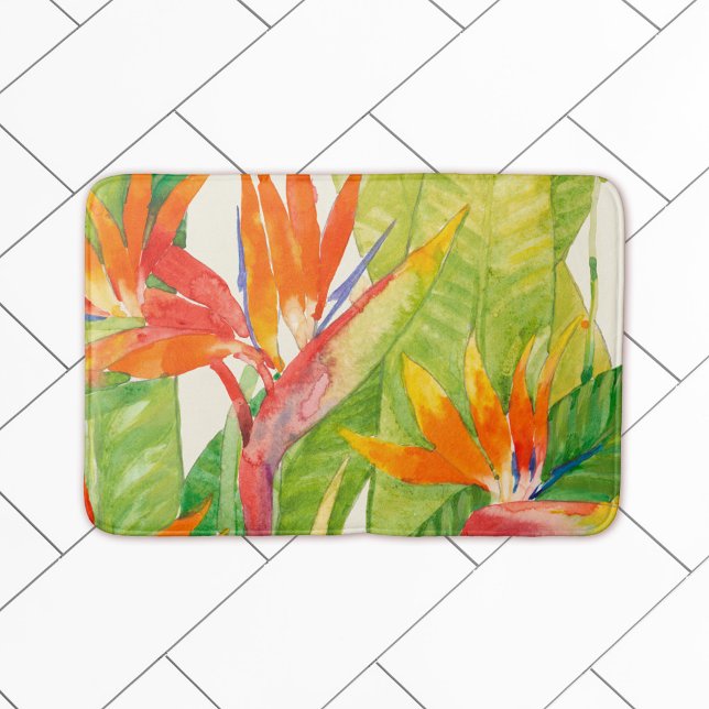 Tropical Flowers | Bird of Paradise Bathroom Mat (Bathroom mat on tile)