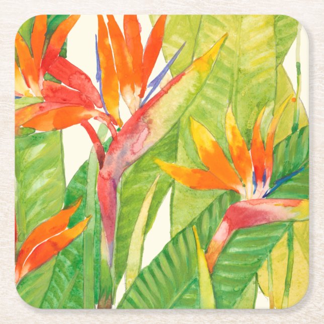 Tropical Flowers | Bird of Paradise Square Paper Coaster (Front)